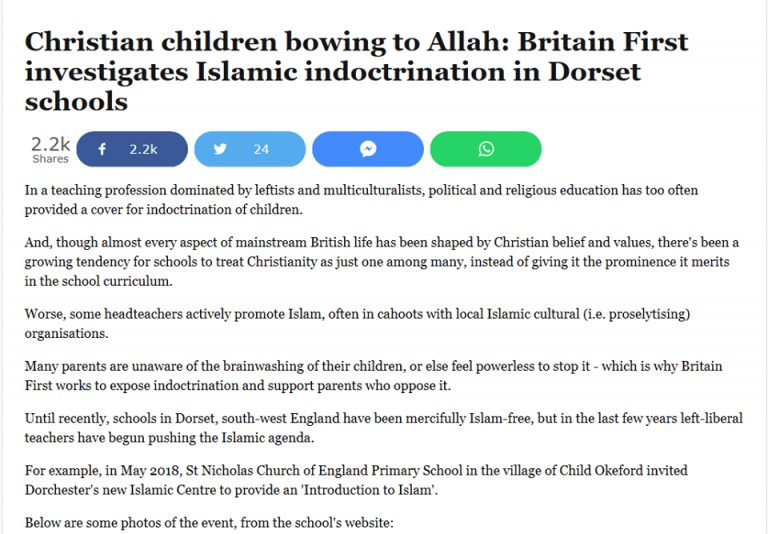 Britain First are using Dorset school children to spin their hatred of Muslims