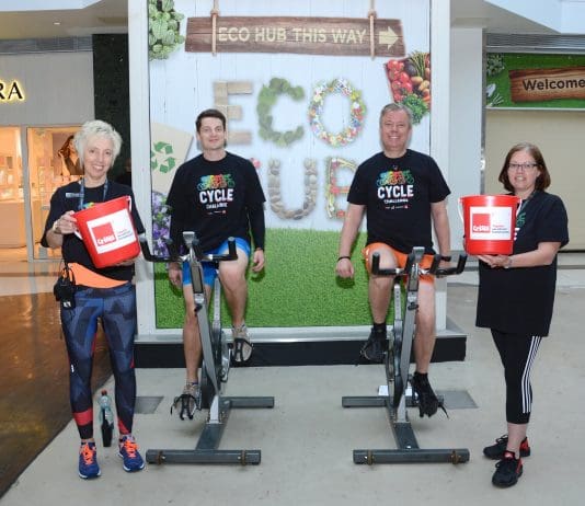 Dolphin Shopping Centre pedals 145 miles in aid of homeless charity Caroline Taylor, customer service guest host, Stuart Mabbutt, facilities manager, John Grinnell, Dolphin Shopping Centre manager, and Lisa King, retail liaison manager