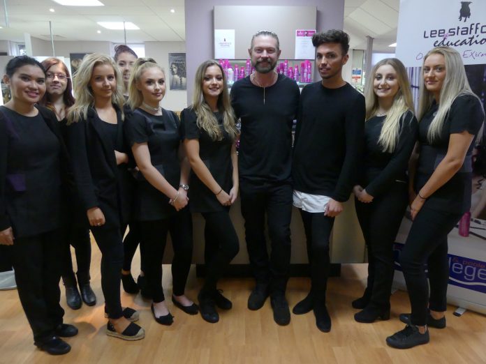 Celebrity hairdresser, Lee Stafford, with students at the launch of the Lee Stafford Hair Academy at The Bournemouth and Poole College's Lansdowne