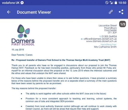 Damers First School in Dorchester to become an Academy school on 1st October 2019
