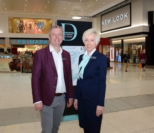 New customer service host in place at the Dolphin Shopping Centre John Grinnell, Dolphin Shopping Centre manager, with Caroline Taylor, customer service guest host