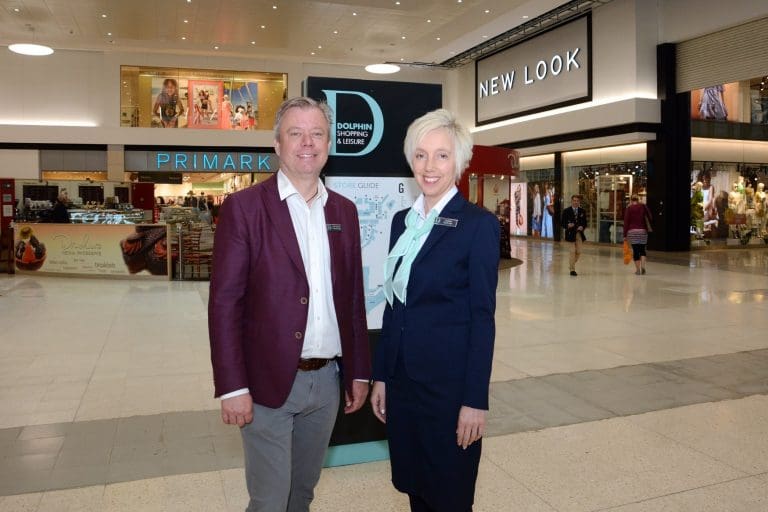 John Grinnell, Dolphin Shopping Centre manager, with Caroline Taylor, customer service guest host