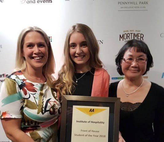Bournemouth & Poole College students win big at the Institute of Hospitality awards L-R Sarah Gault, Bournemouth & Poole College hospitality lecturer, student Chloe Carlton and Josephine Pearce, lecturer at the College