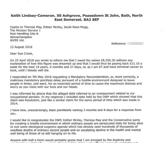 Letter to the DWP about a fraudulent repayment claim on my pension