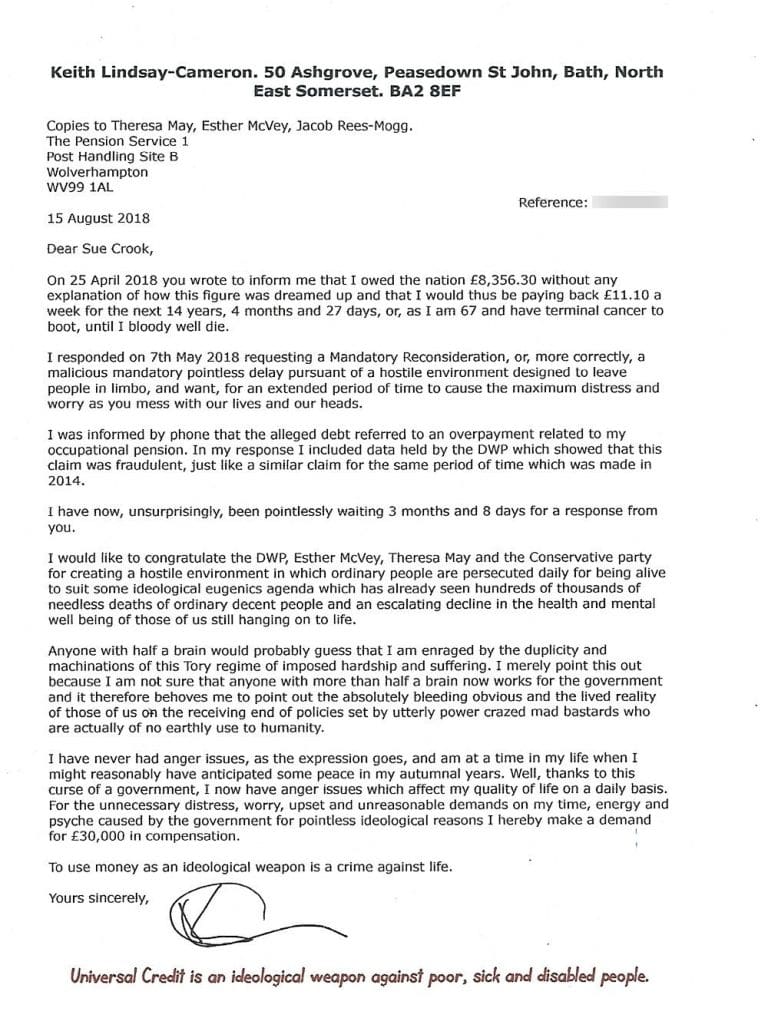 Letter to the DWP about a fraudulent repayment claim on my pension