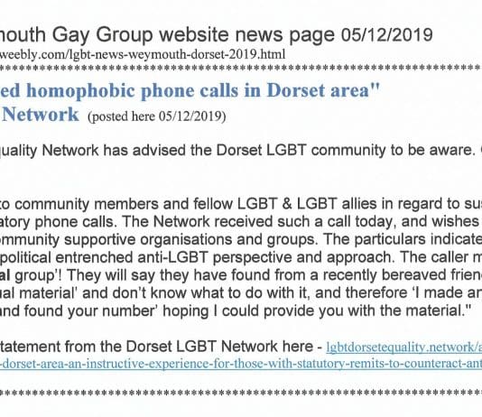 Alert on perceived homophobic phone calls in Dorset area
