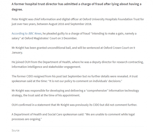 Lying Hospital Trust Director Pleads Guilty to Fraud