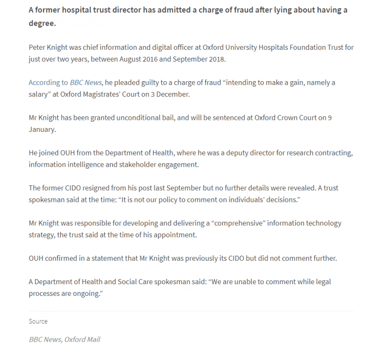 Lying Hospital Trust Director Pleads Guilty to Fraud