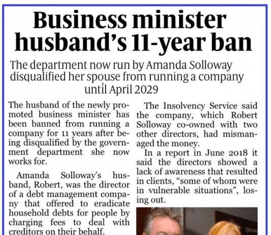 Tory Business Minister’s husband banned from running a business until… 2029
