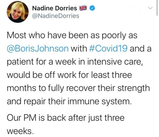 Has Nadine Dorries just admitted that Boris Johnson’s illness was ‘a hoax’?