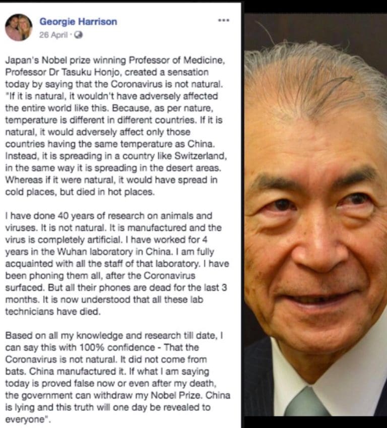 Claims that Nobel Prize winner suggested that China manufactured Covid-19 are fake news