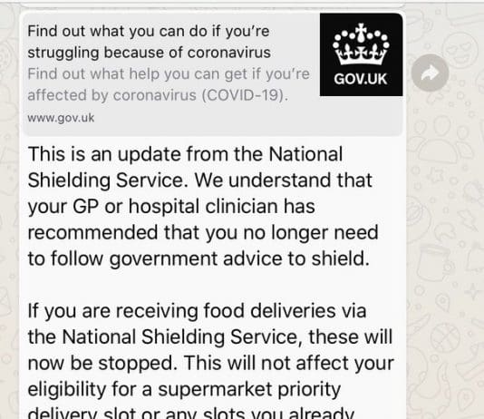If you receive a message… from the government saying your GP has recommended you be removed from shielding list – IT IS A LIE
