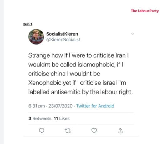 Omg. Just got an email through from the Labour party. I am being I investigated for antisemitism over this tweet