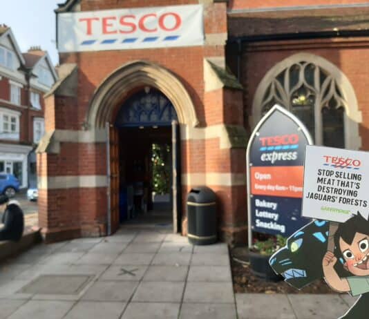 Jaguars cause uproar outside Tesco in Bournemouth and Poole to highlight supermarket’s link to deforestation