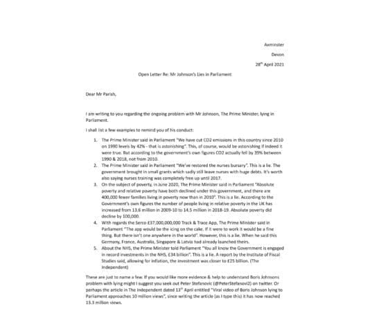 The open letter Re Boris Johnson’s lies