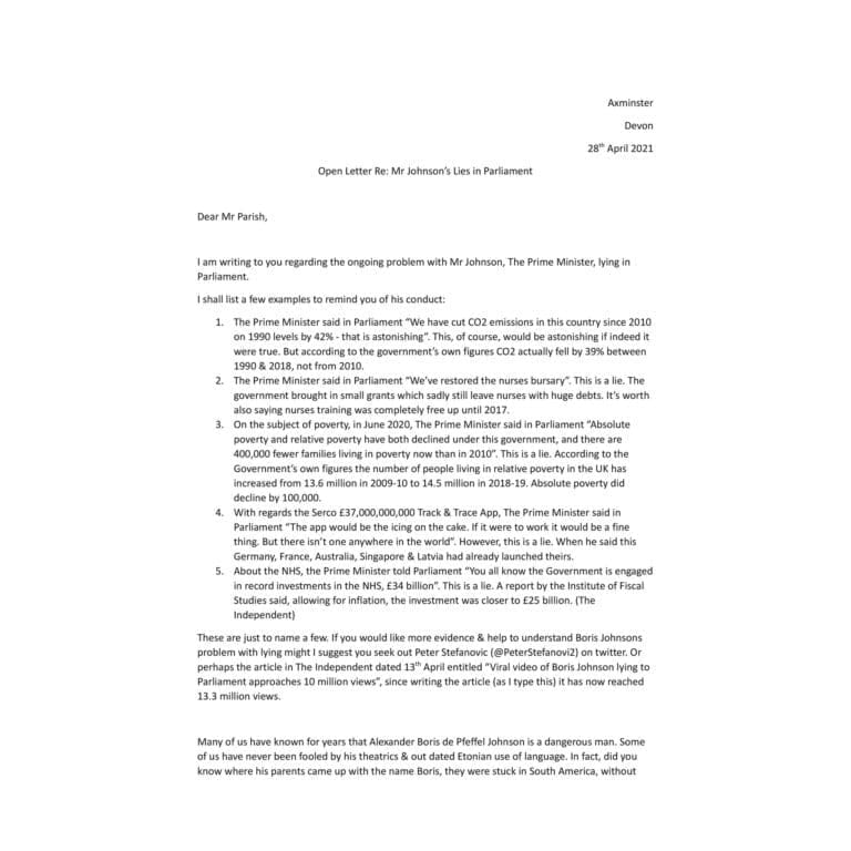The open letter Re Boris Johnson’s lies