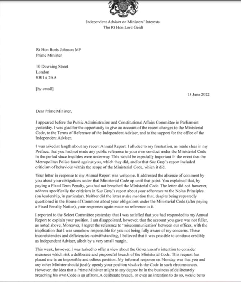 Lord Geidt’s letter of resignation reveals a Tory government hurtling back to 1930’s Germany