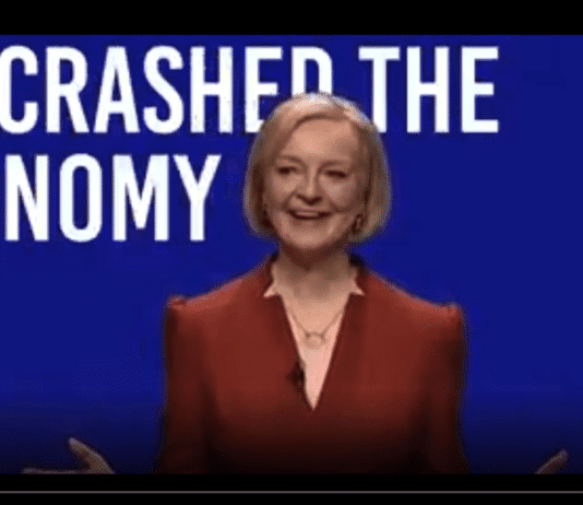 Backdrop at Tory conference inadvertently sums up Truss’ bullsh**