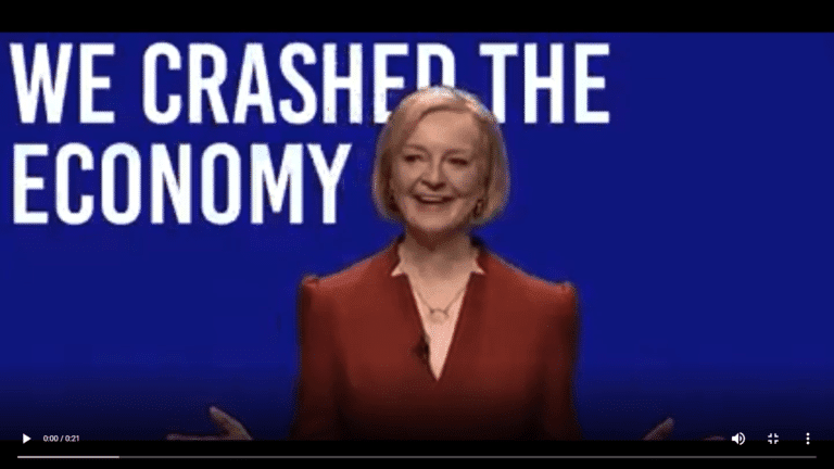 Backdrop at Tory conference inadvertently sums up Truss’ bullsh**