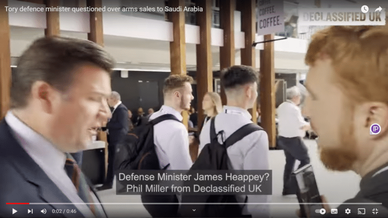 Psychopathic Tory minister revealed by Declassified at arms fair