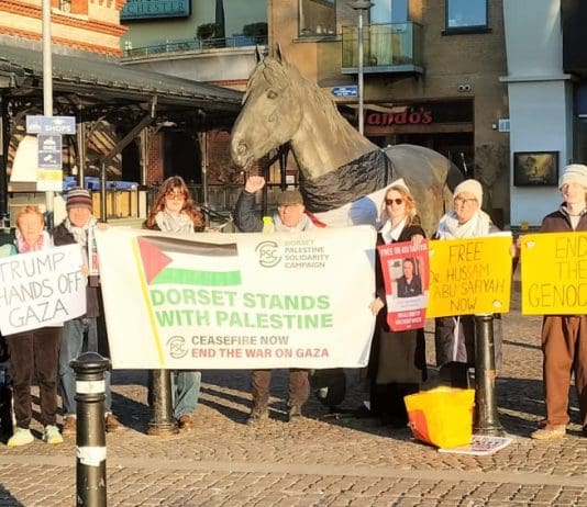 PROTESTORS DEMONSTRATE AGAINST ATTACKS ON GAZA IN DORCHESTER, WEYMOUTH AND BRIDPORT